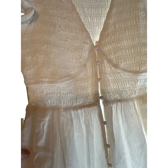 Quince Organic Textured Cotton Smocked V-Neck Midi Dress White S New Anthro